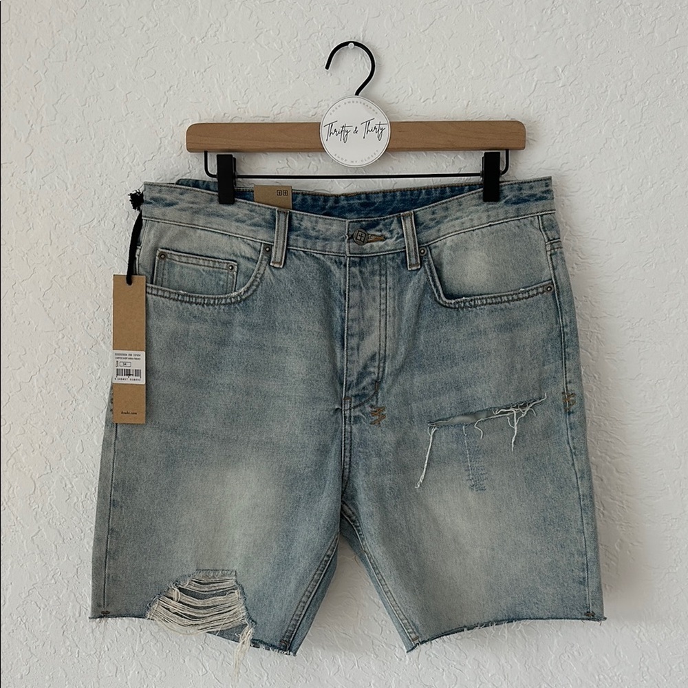 Ksubi Chopper Short Karma Trashed Mens Denim Shirts Distressed Raw Hem Size 34